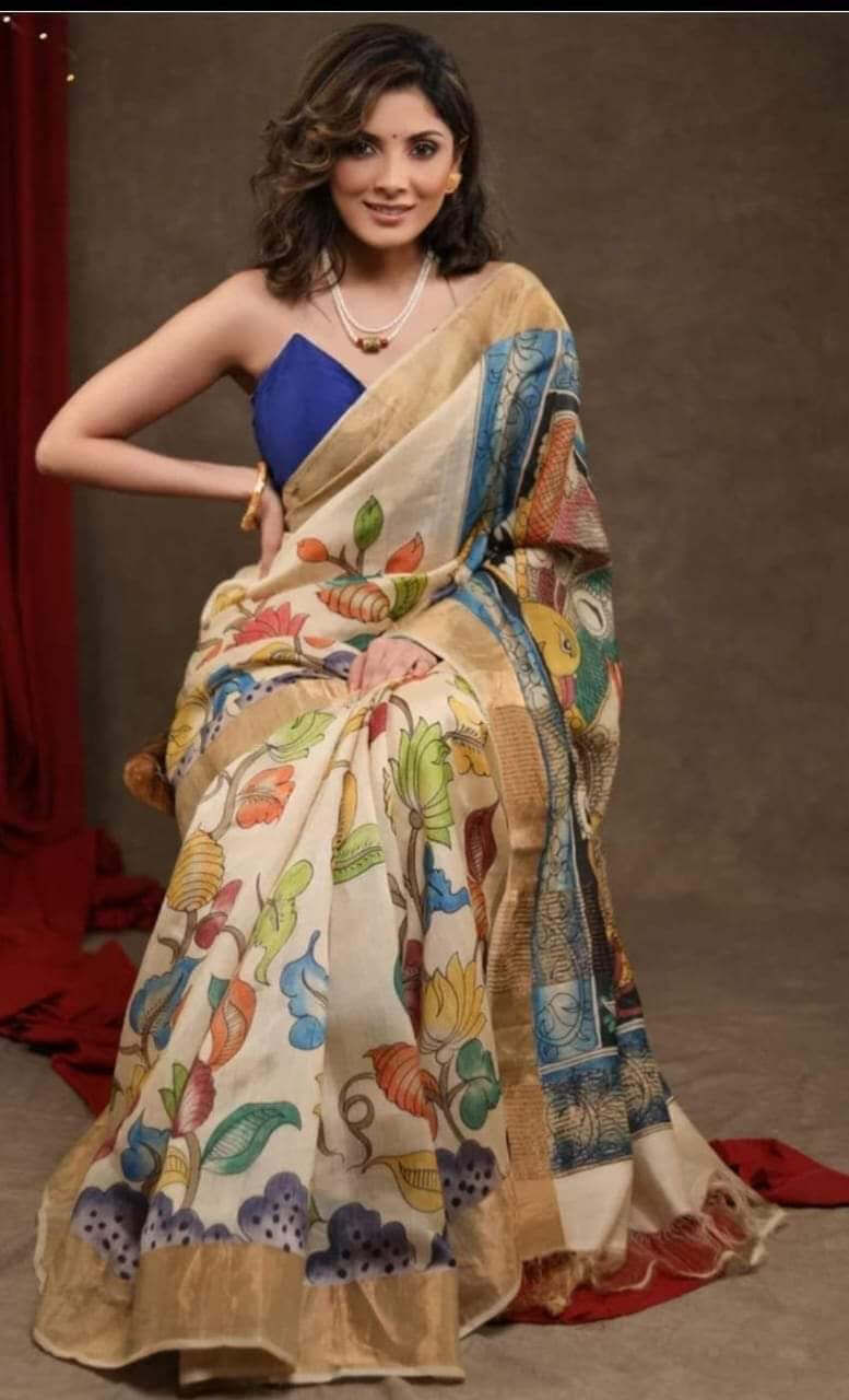 Hand painted Kalamkari Tussar Saree