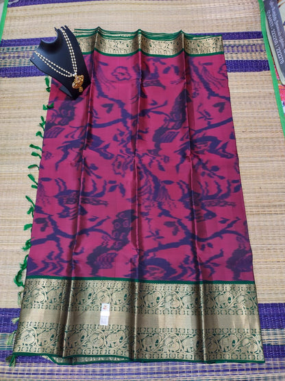 Kanjivaram softsilk saree in Ikkat pink with navy pochampalli double warp with golden jari