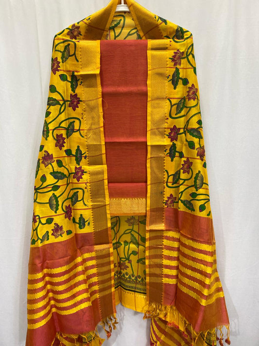 Mangalgiri silk cotton suite in hand block Duppata yellow