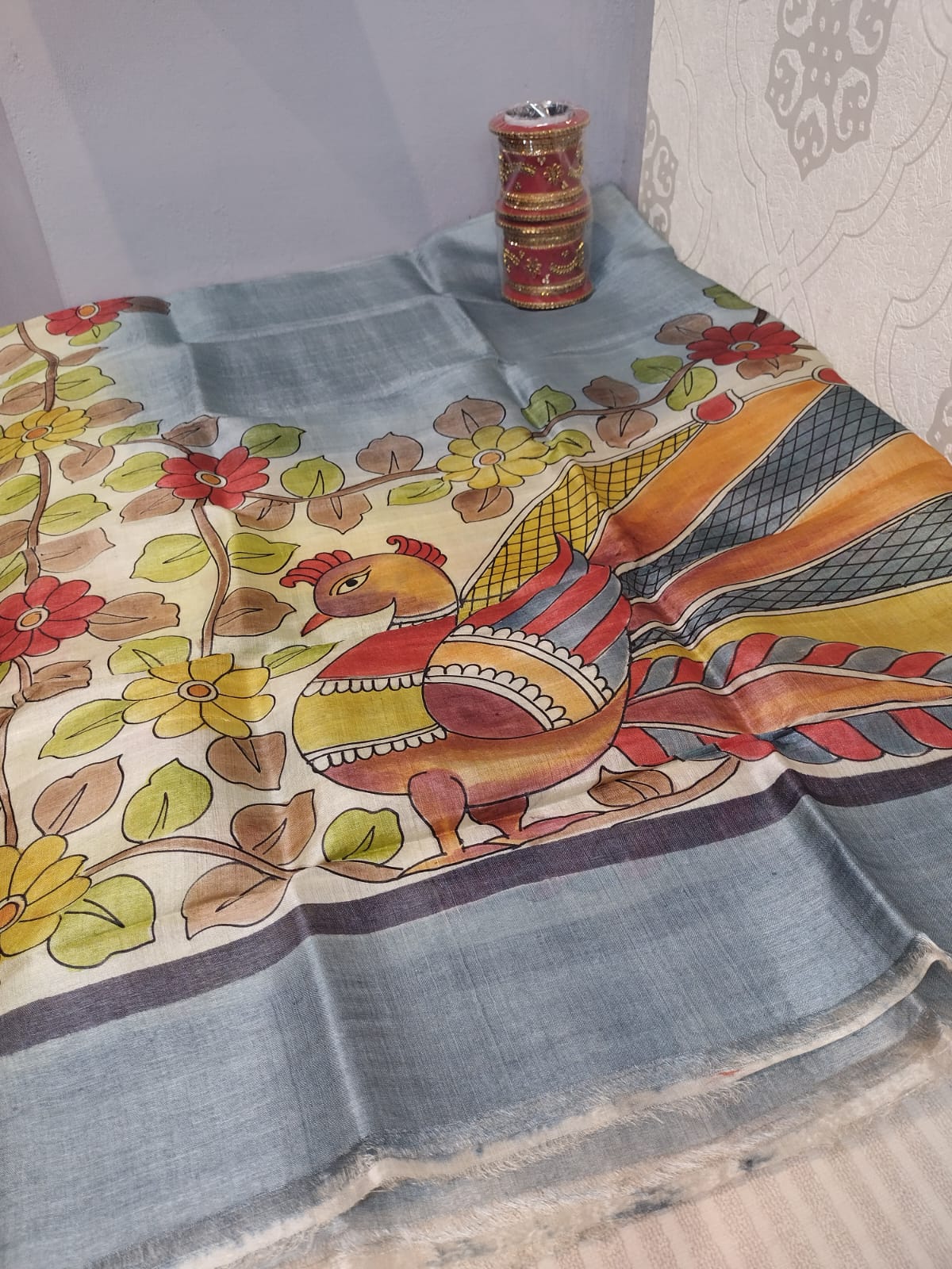 Pure Tussar dupatta in kalamkari pattern with hand painted peacock in gray 