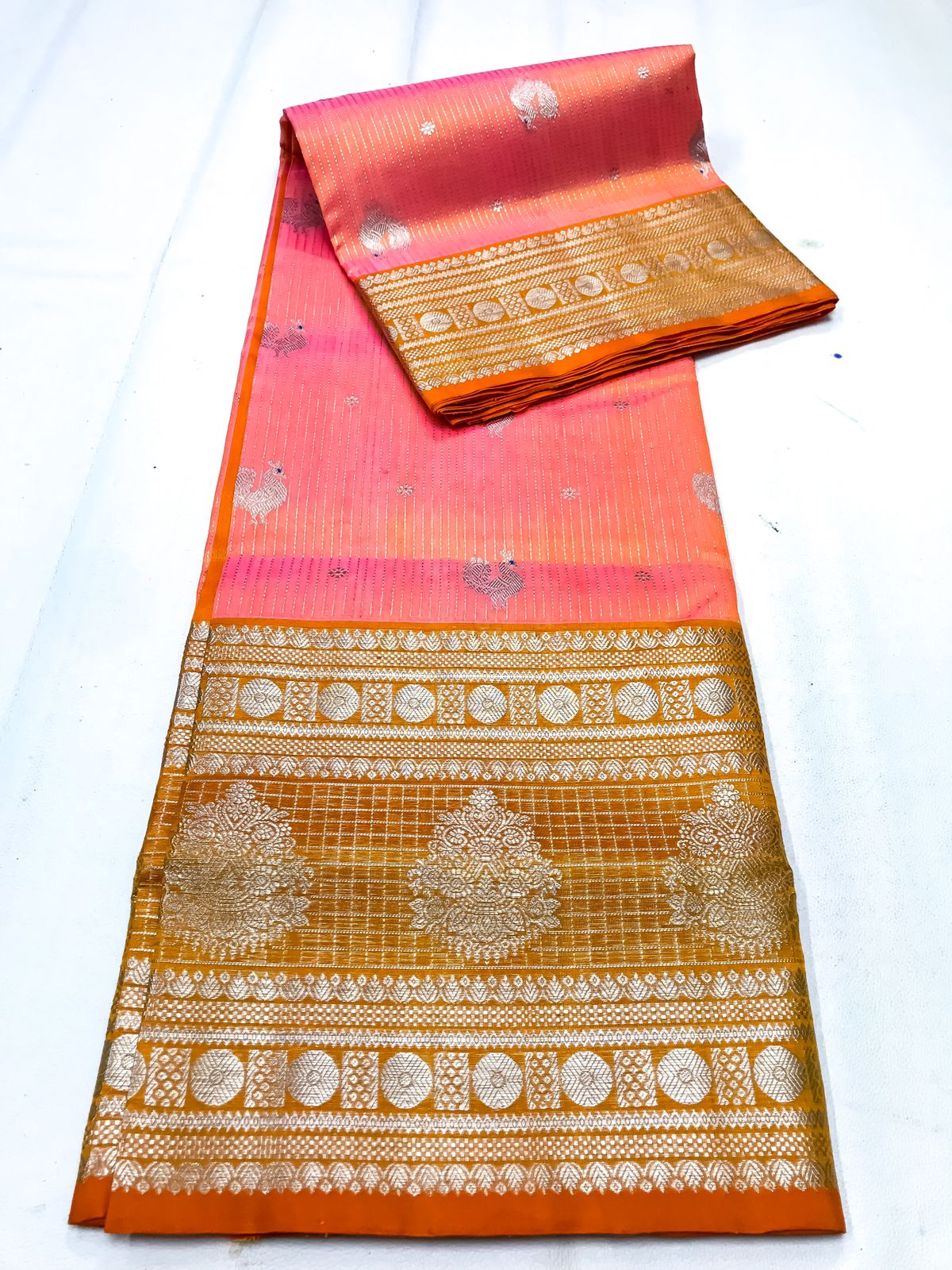 Venkatagiri handloom silk Saree in double peach with orange color