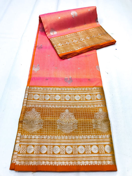 Venkatagiri handloom silk Saree in double peach with orange color