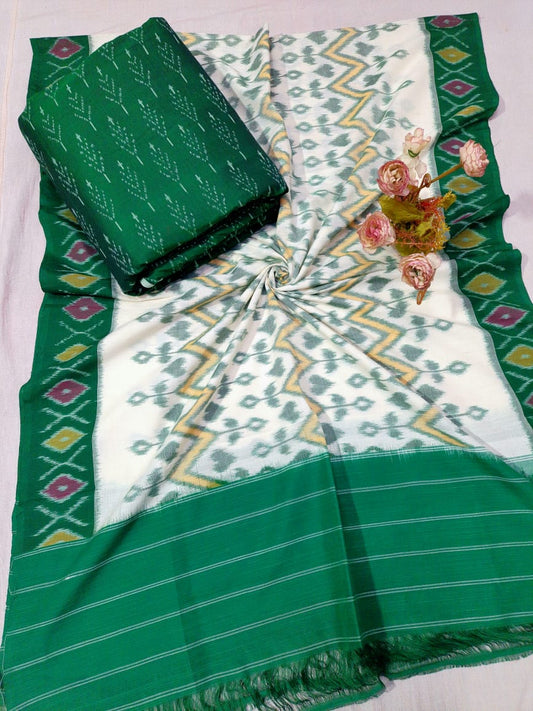 Mercerised double Ikkat pochampalli cotton suite in cream with green