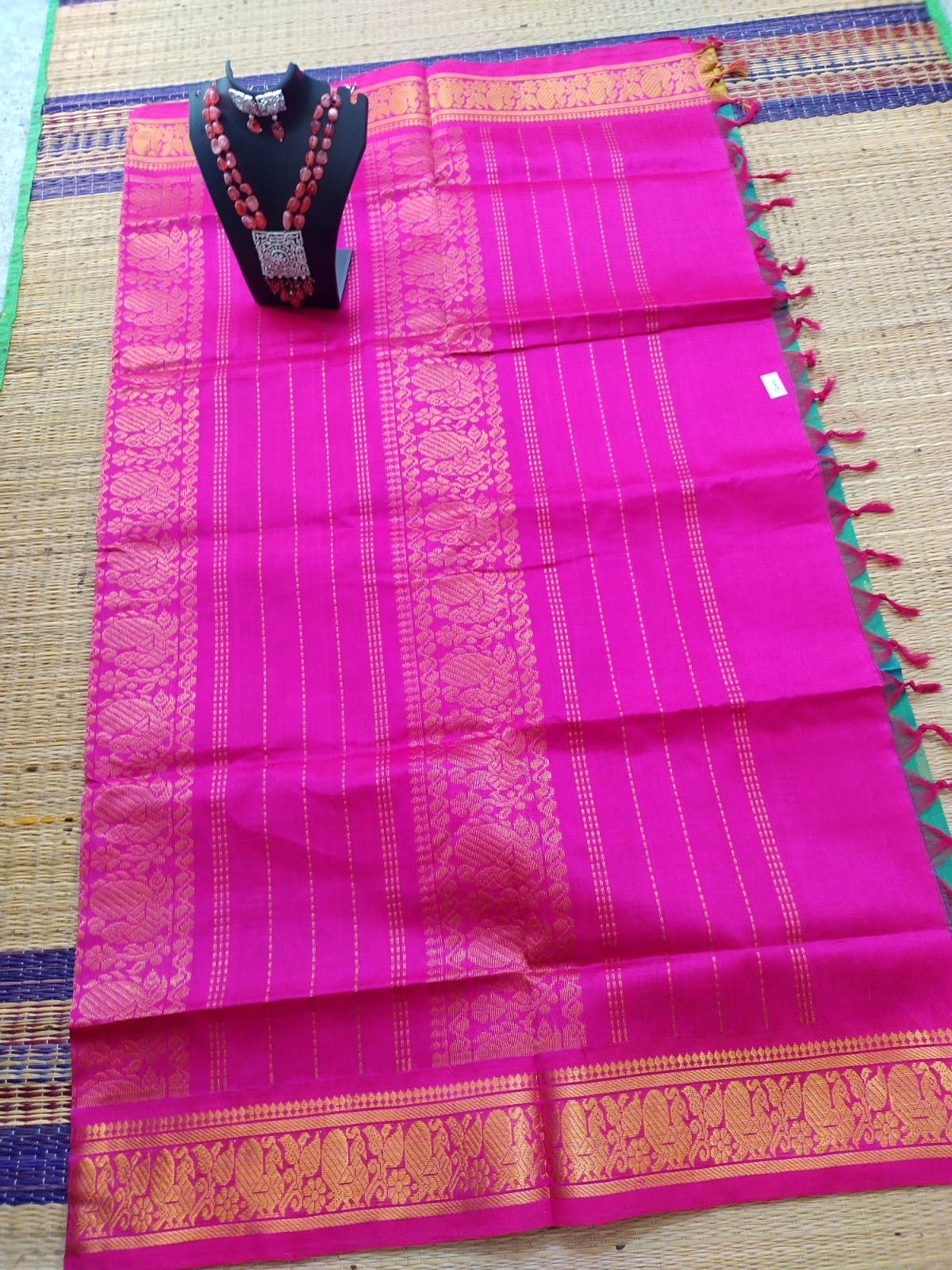 silk cotton pure cotton and silk mixed Saree rama green with pinkround butta