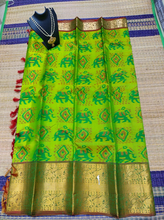 Kanjivaram softsilk saree in Ikkat green with maroon pochampalli double warp with golden jari