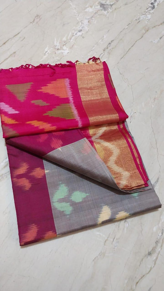 pochampalli ikkat soft silk saree in gray and chilli red