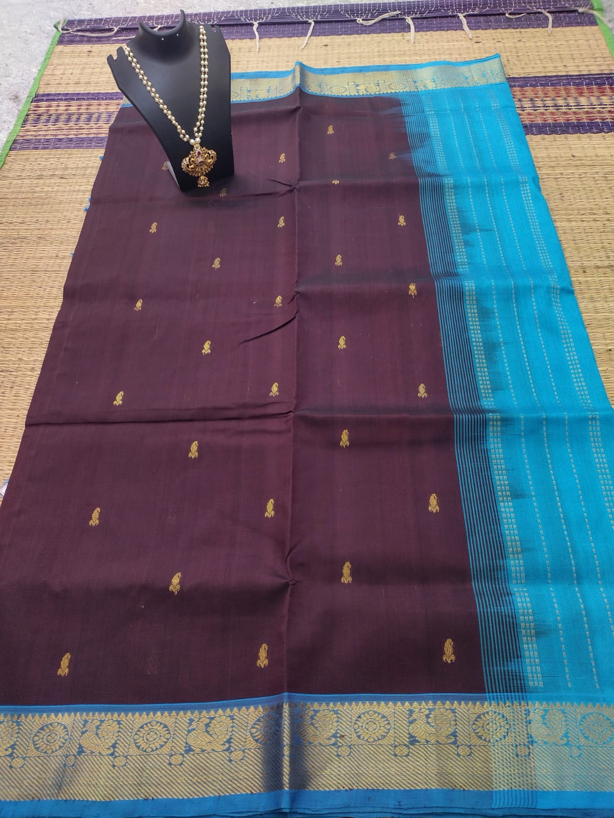 Kanjivaram silk cotton Saree coffee color with teal blue border with butti shade saree