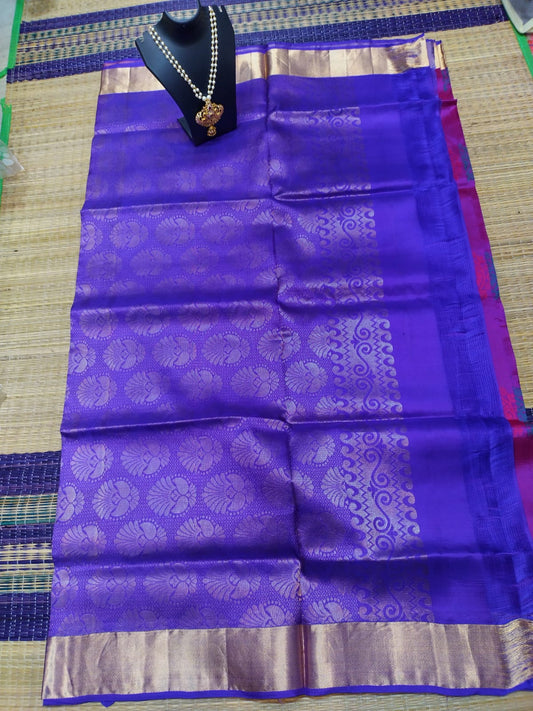 Kanjivaram softsilk saree in purple with navy butties double warp with silver jari