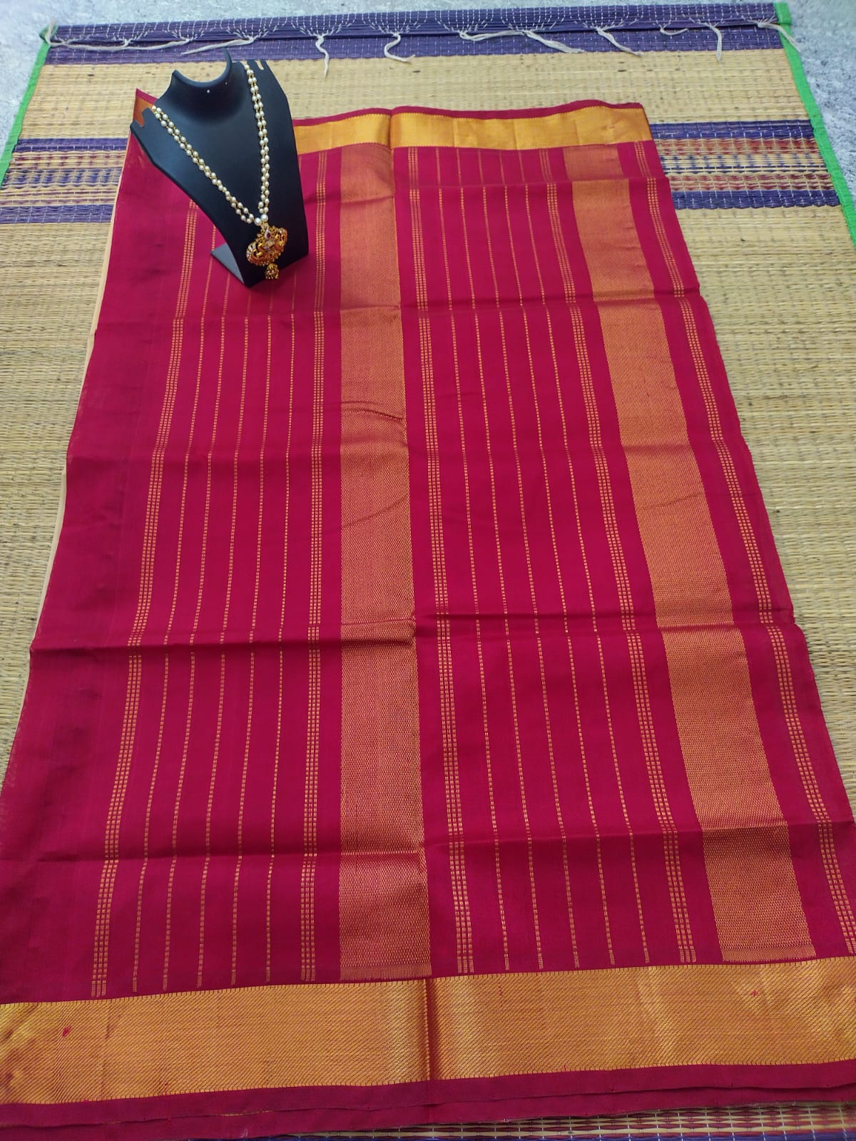 Kanjivaram silk cotton Saree cream with red border with butti shade saree