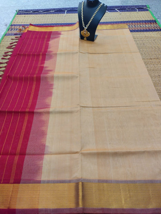 Kanjivaram silk cotton Saree cream with red border with butti shade saree