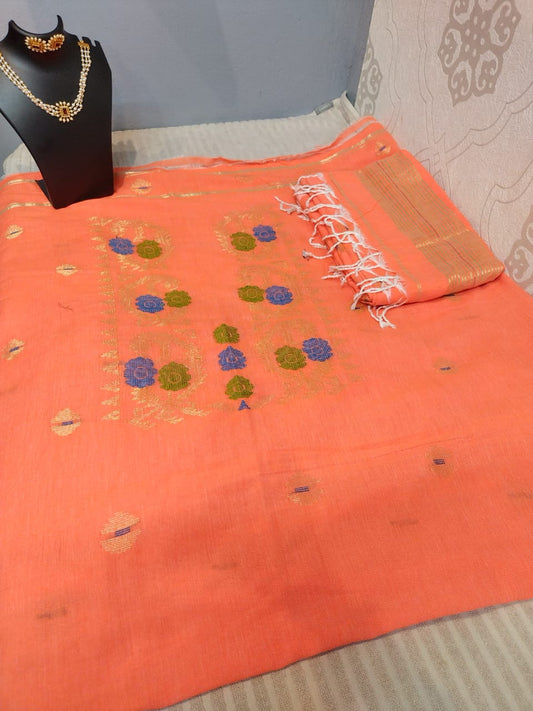 Jamudhani suite material in pure linen peach