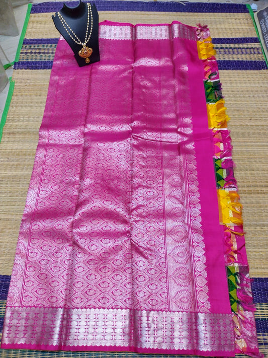 Handloom pure kanjivaram silk saree  bridal silk multi colour pure silver jari all over