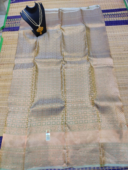 Kanjivaram softsilk saree  bridal silk olive colour pure silver jari all over