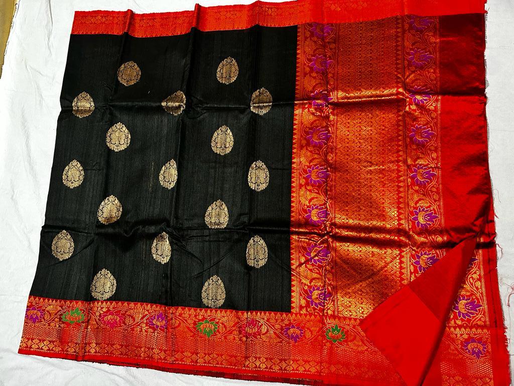 Exclusive tussar Banarasi silk Meenakkari silk saree in black with red border