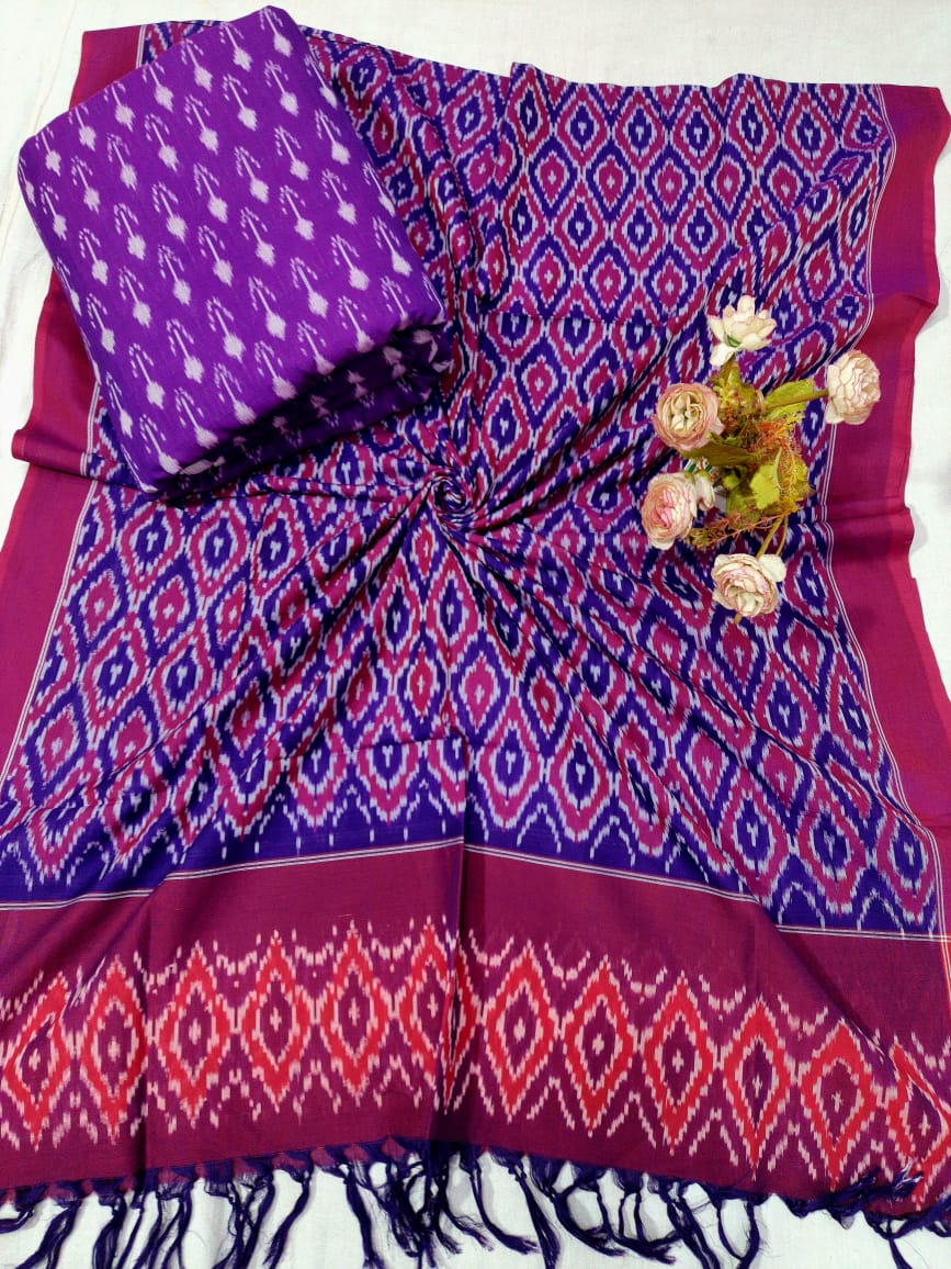 Mercerised double Ikkat pochampalli cotton suite in purple 