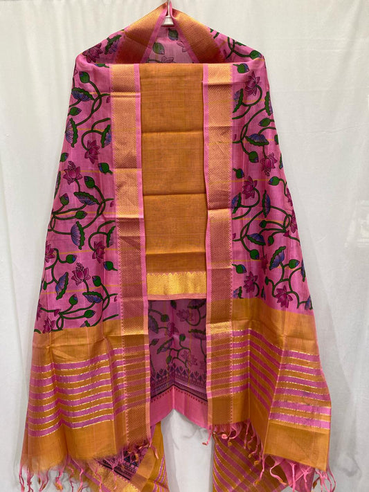 Mangalgiri silk cotton suite in hand block Duppata in pink