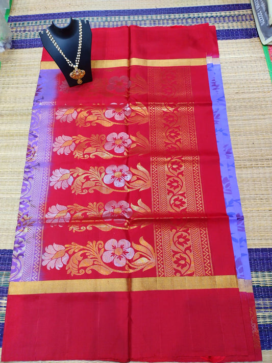 Kanjivaram softsilk saree in Ikkat lavender with red flowered pochampalli double warp with golden jari Borderless silk saree