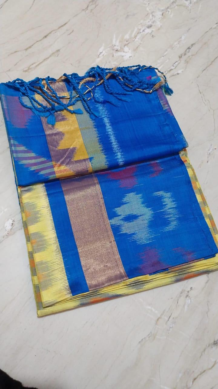 Pachampoly ikkat soft silk saree in blue with lemon yellow