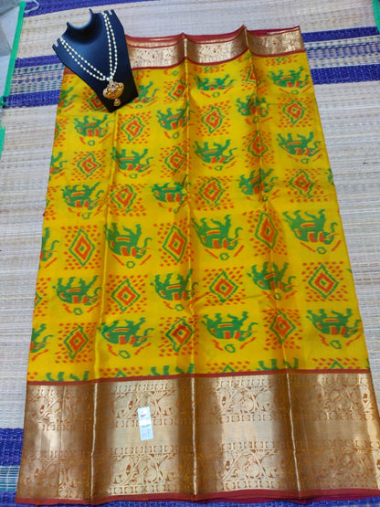 Kanjivaram softsilk saree in  yellow with maroon pochampalli double warp with silver jari