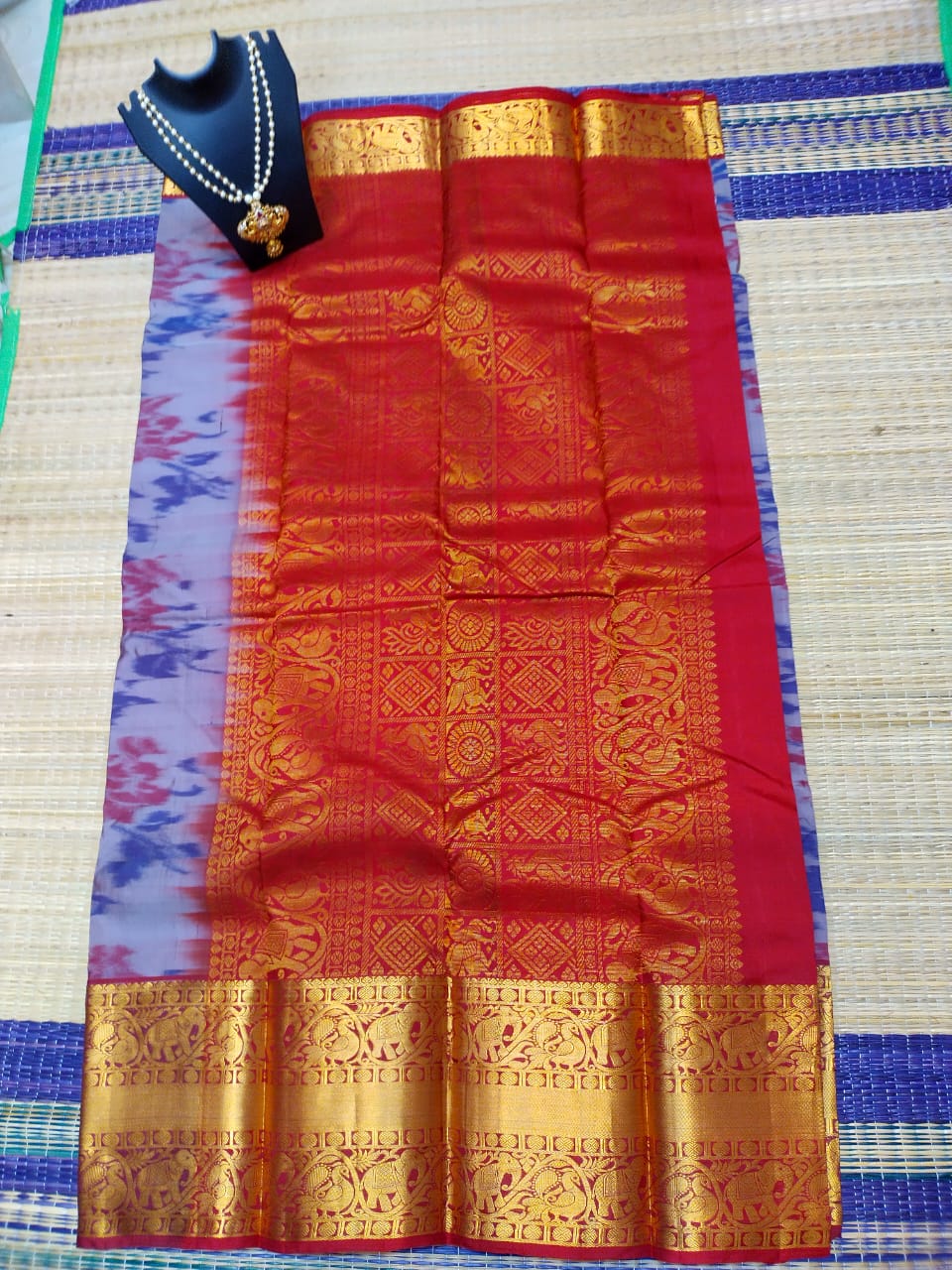 Kanjivaram softsilk saree in  gray with maroon pochampalli double warp with silver jari