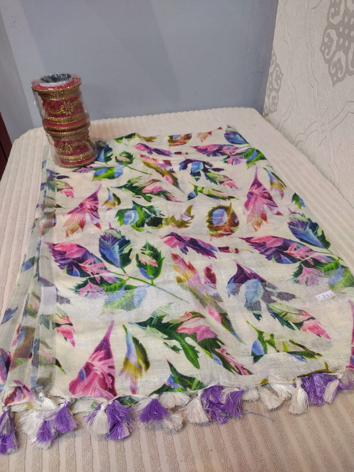 Digital printed pure Tussar Duppatta in purple with cream 