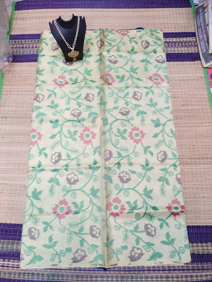 Kanjivaram softsilk saree in Ikkat cream with navy flowered pochampalli double warp with golden jari Borderless silk saree