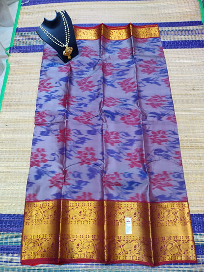 Kanjivaram softsilk saree in  gray with maroon pochampalli double warp with silver jari