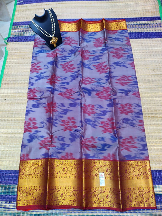 Kanjivaram softsilk saree in  gray with maroon pochampalli double warp with silver jari