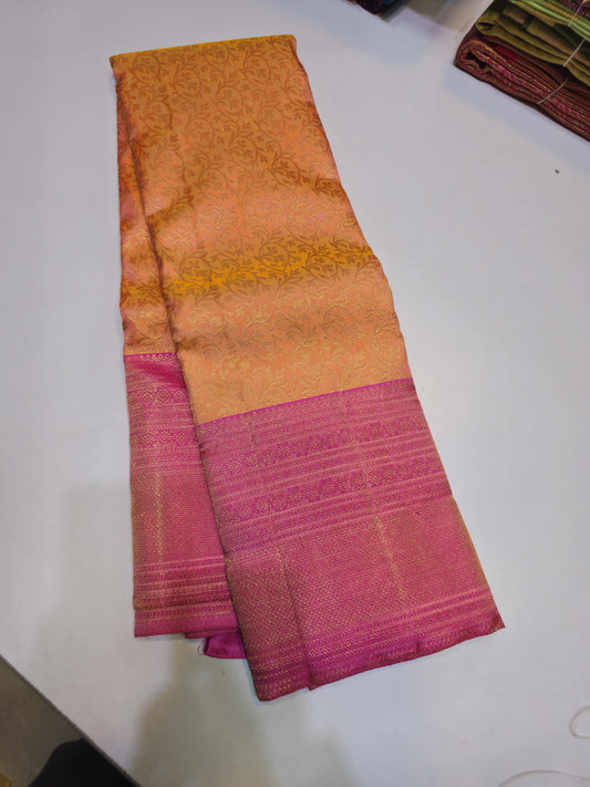 Handloom pure kanjivaram silk saree  bridal silk golden color with orange with pink pure golden jari all over