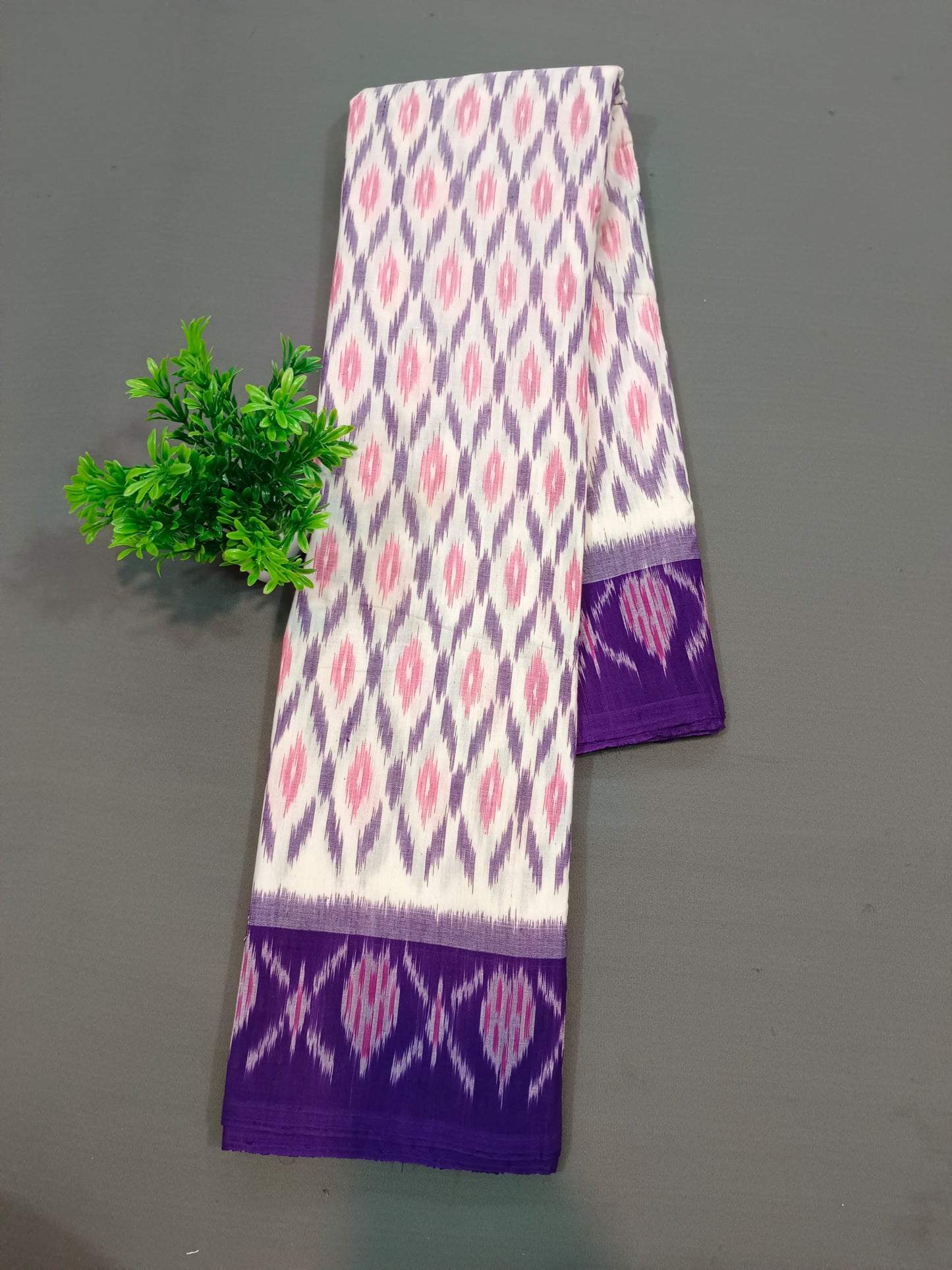 Mercerised double Ikkat pochampalli cotton saree in white with purple