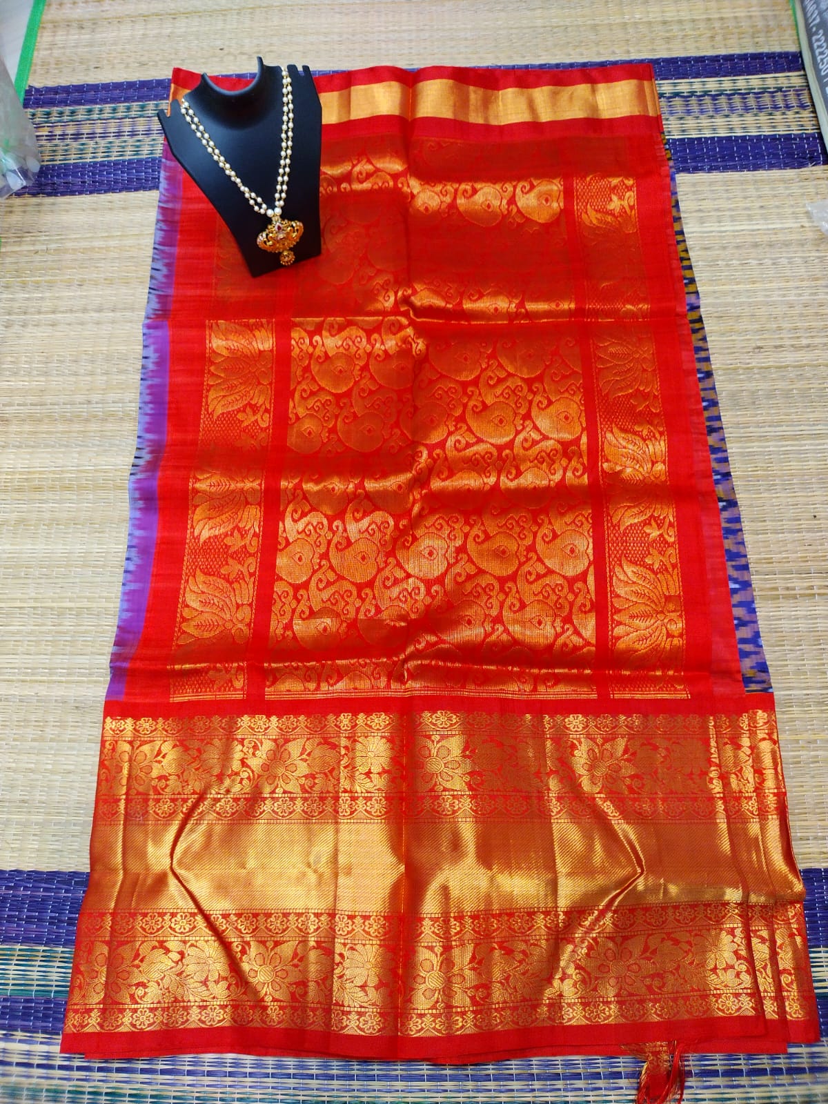 Kanjivaram softsilk saree in Ikkat purple with maroon pochampalli double warp with silver jari