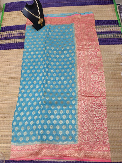 Handwoven khaddi Pure Banarasi Georget chiffon with all over butties and in pastel blue