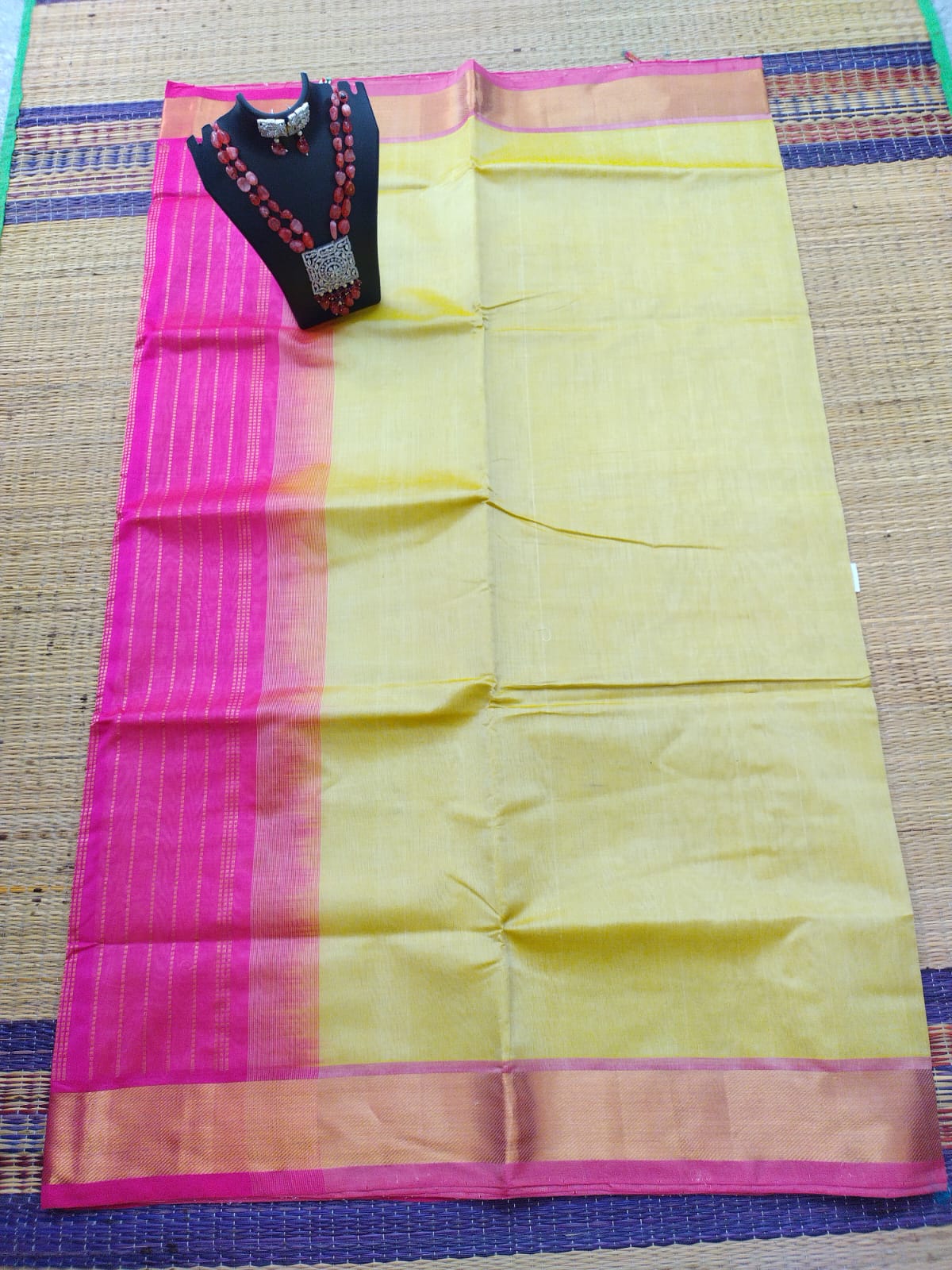 silk cotton pure cotton and silk mixed creamy lemon yellow with pink