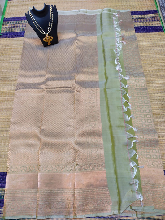 Kanjivaram softsilk saree  bridal silk olive colour pure silver jari all over