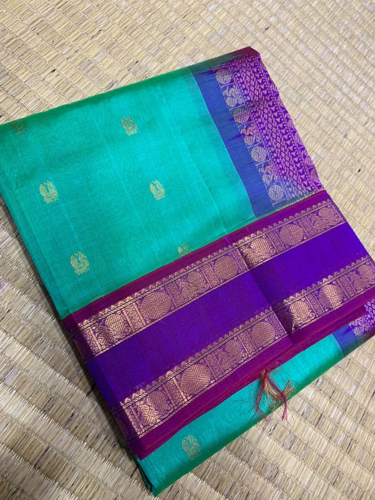 Korvai handloom silk cotton Saree in purple border with rama blue with rettaipet border