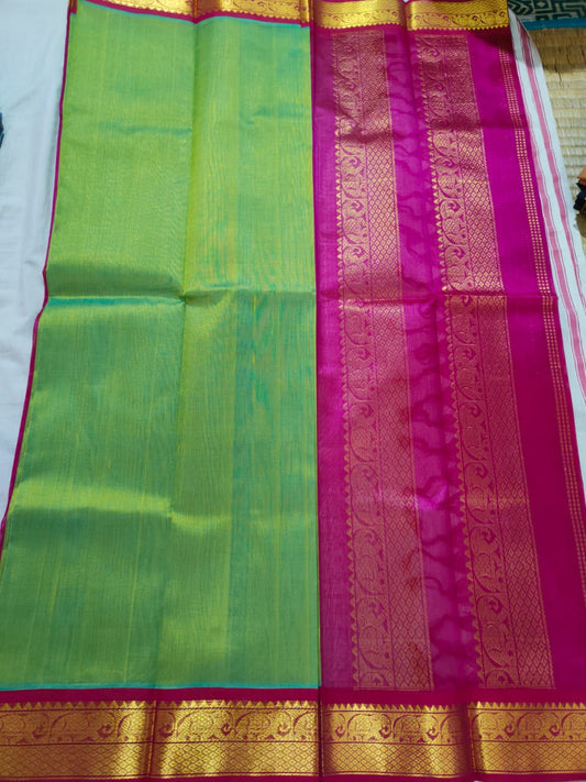 Korvai silk cotton Saree korvai border in green with cherry pink border