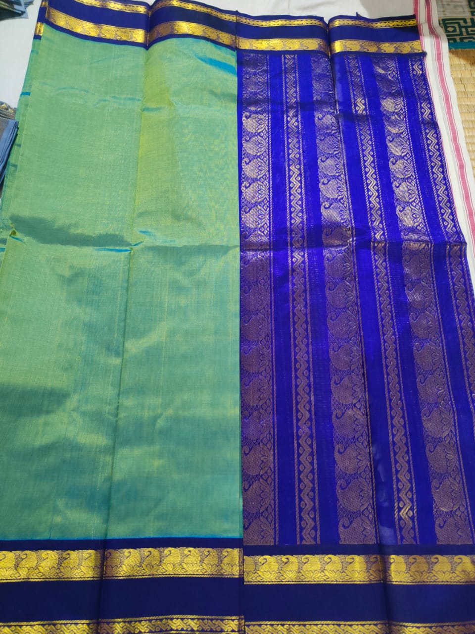 Korvai silk cotton Saree korvai border in rama green with blue border