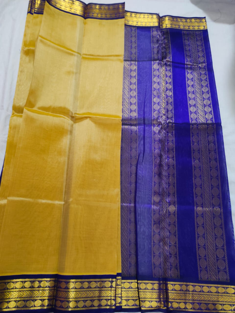 Korvai handloom silk cotton Saree korvai border in sandal with royal blue