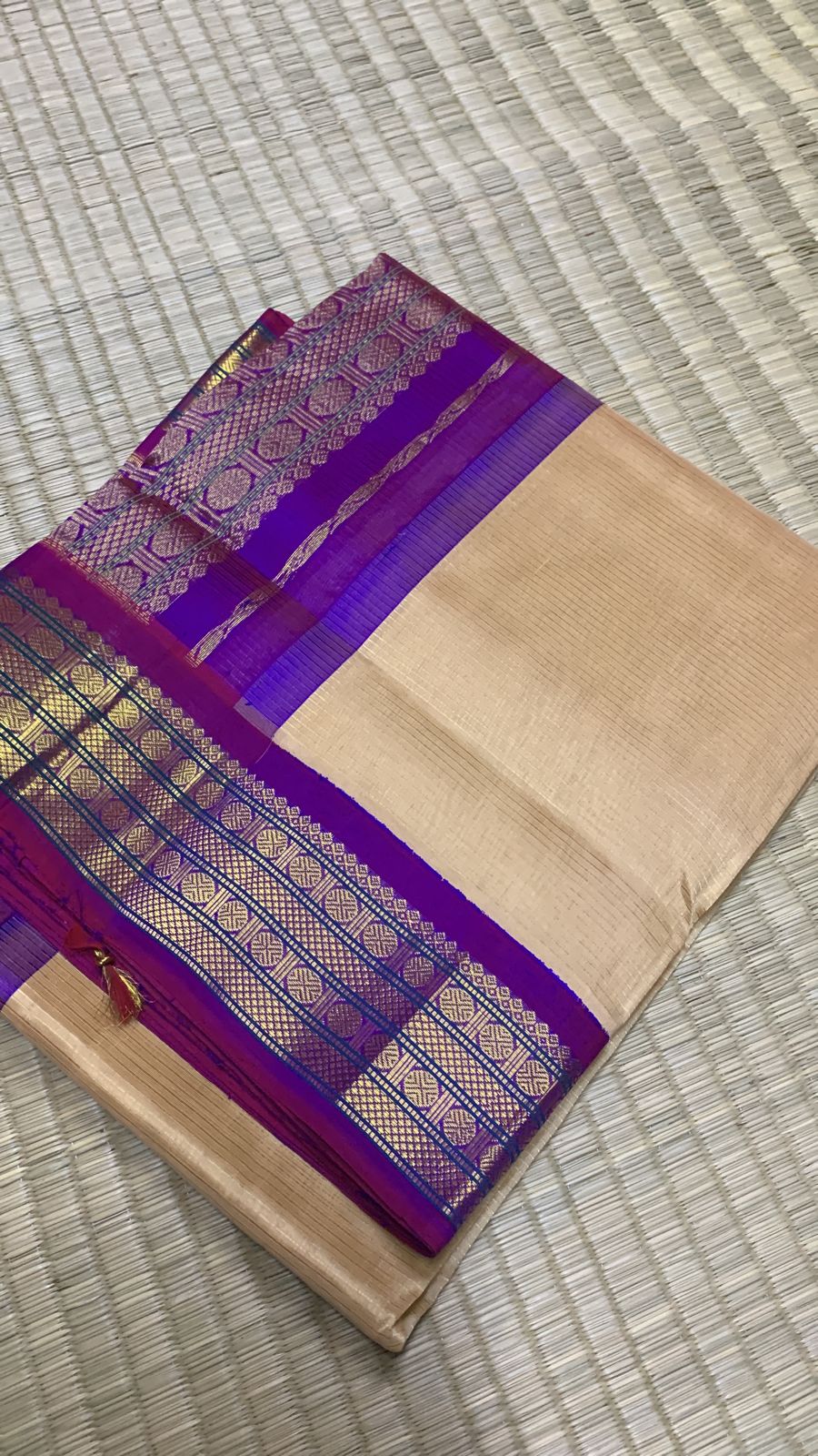 Korvai silk cotton Saree korvai border in cream with purple blueborder