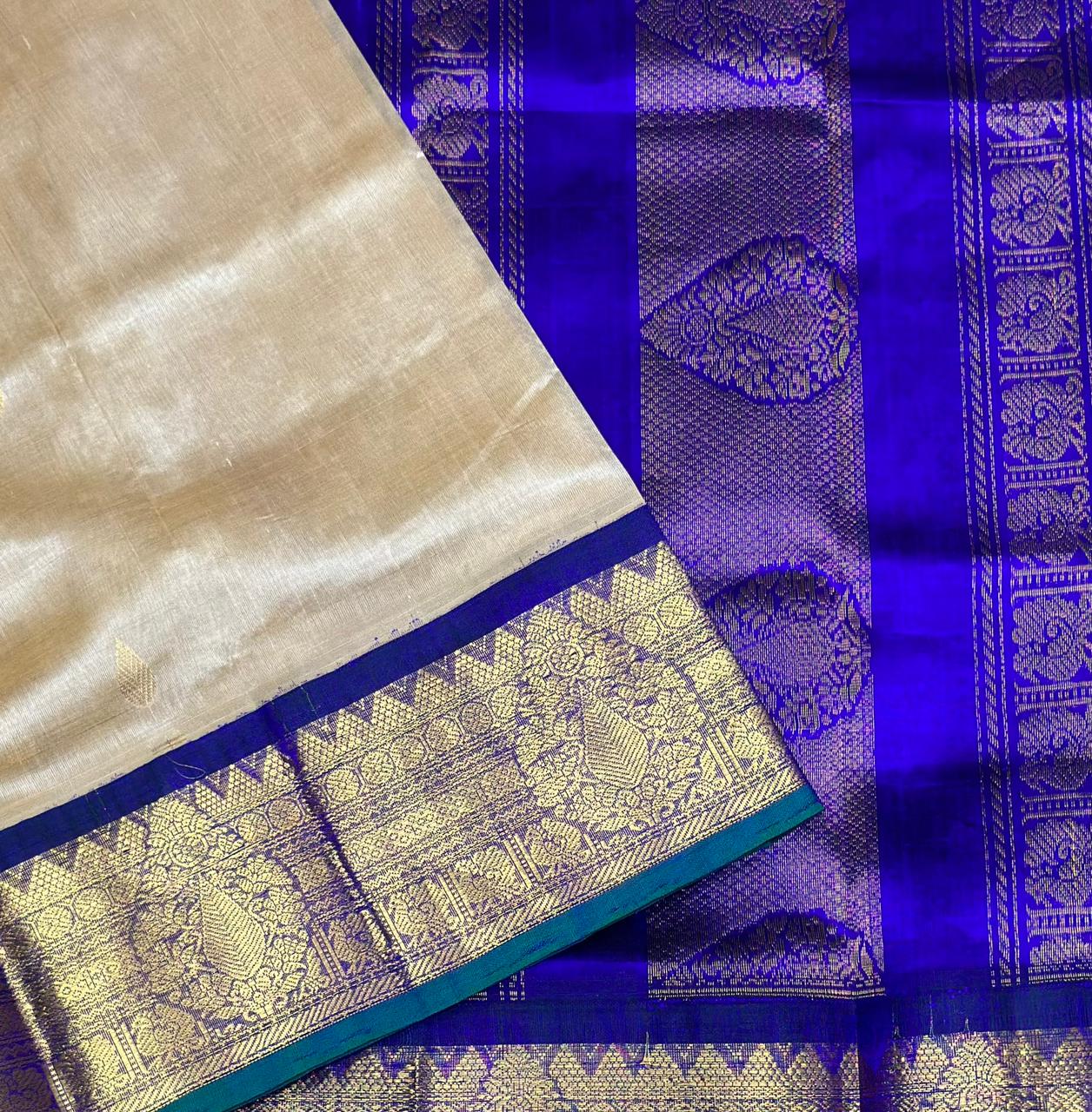 Korvai silk cotton Saree korvai border in cream with royal blueborder