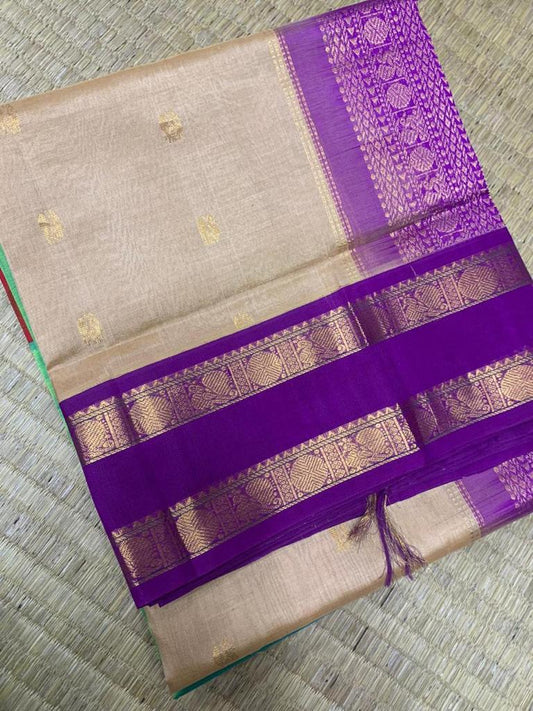 Korvai handloom silk cotton Saree in cream with violet rettaipet border 