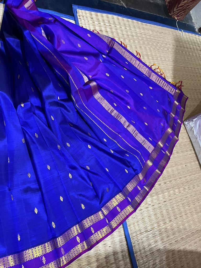 Royal blue Handloom pure kanjivaram silk 6 yard mustard yellow with green