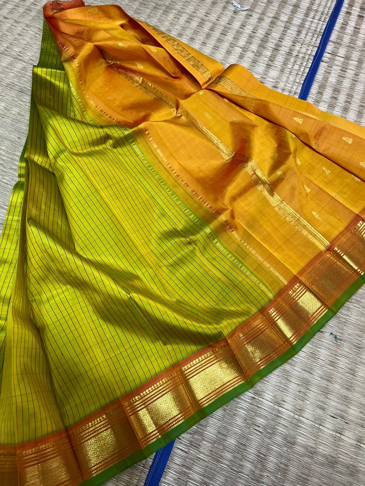 Checked Handloom pure kanjivaram silk 6 yard mustard yellow with green