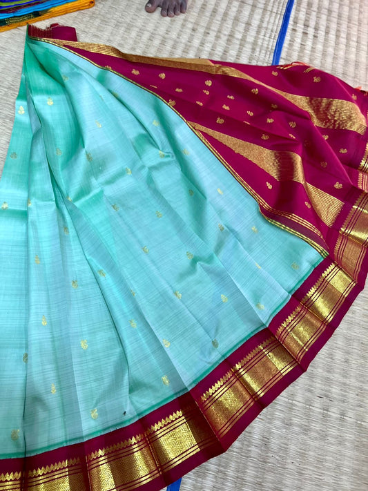 Classic Power blue with milky maroon border korvai Handloom pure kanjivaram silk 6 yard mustard yellow with green