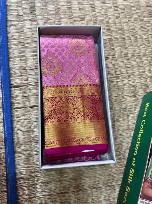 Classic pink with pink border korvai Handloom pure kanjivaram silk 6 yard pink