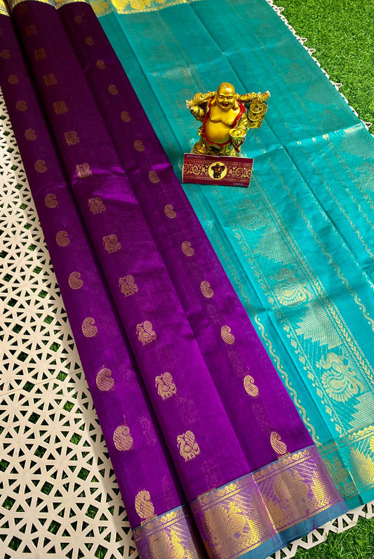 Korvai handloom silk cotton Saree in purple colour with peacock butties