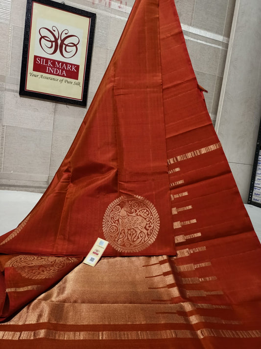 Kanjipuram silk saree in borderless style in oranch single colour double warp