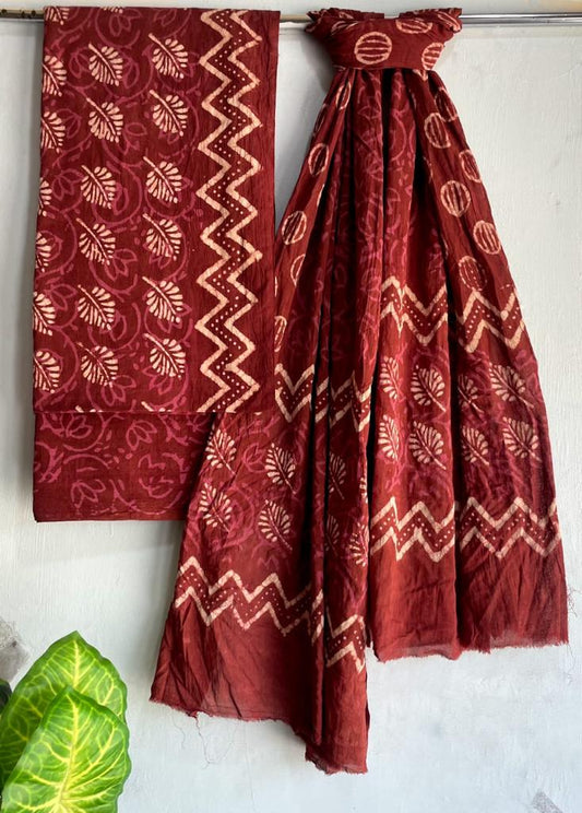 Block Printed Salwar cotton material in dark red with flower blocks