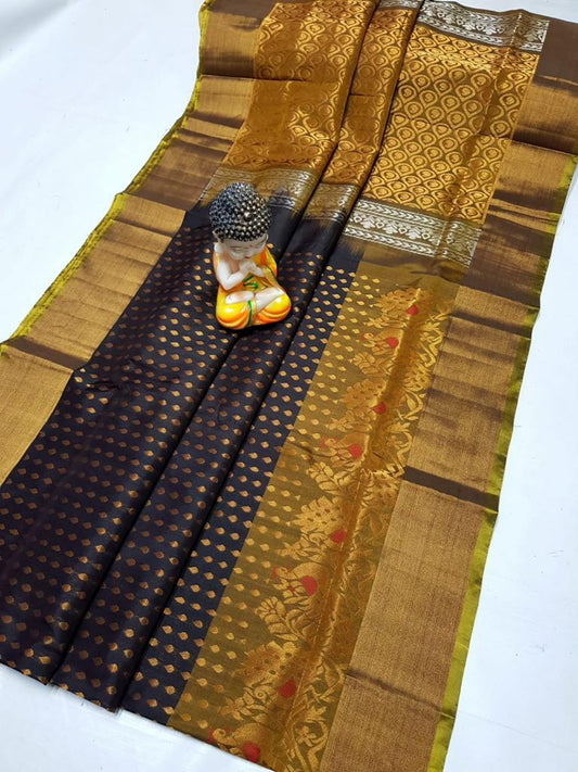 Uppada woven silk Saree in Yellow with black color all-over butties