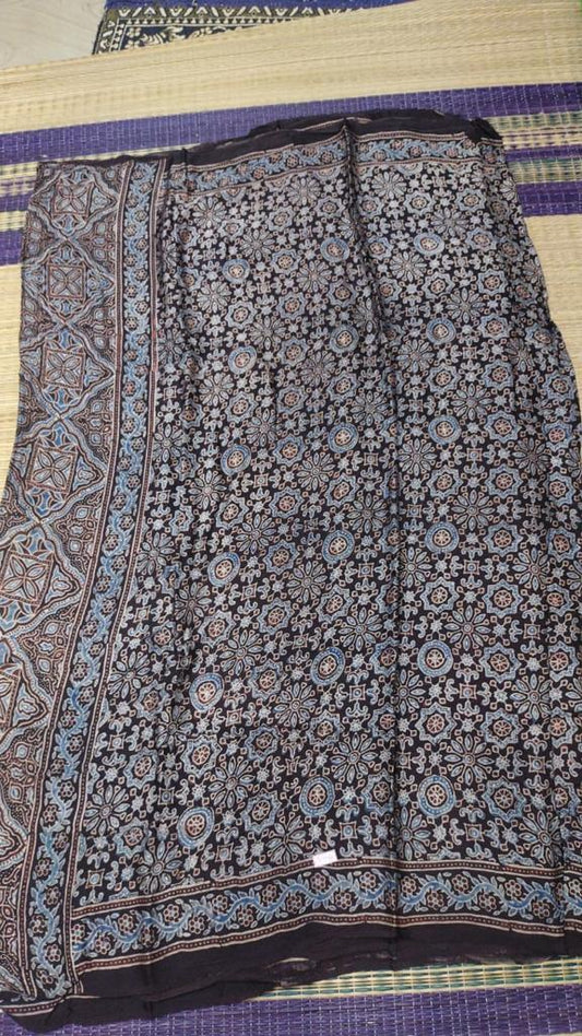 Ajrakh modal silk saree in small unique navy color big block printed body